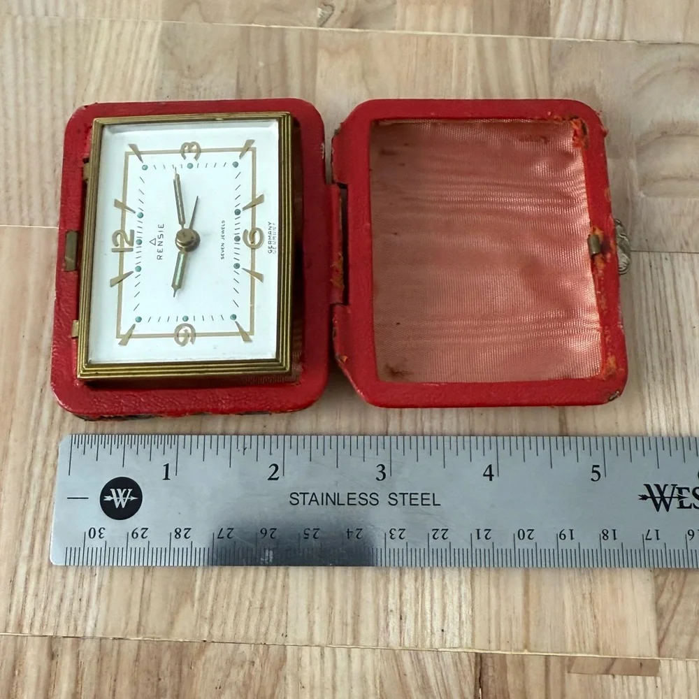 Rensie Travel Alarm Clark Rare Vintage Seven Jewels White Dial Red Leather Case